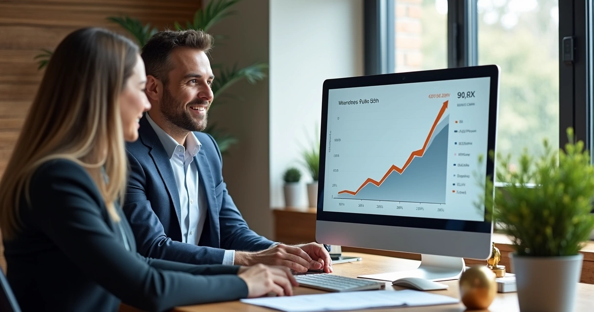 Profissional de BPO financeiro mostrando gráfico de crescimento para cliente, ambos sorrindo, escritório moderno, tela de computador com dados 