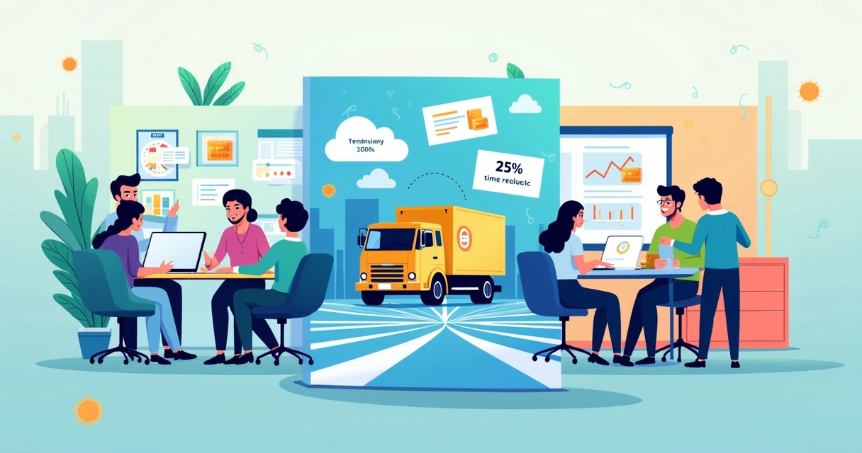 Ilustração de casos de sucesso com modelagem no-code em tecnologia, logística e educação, mostrando eficiência e inovação.