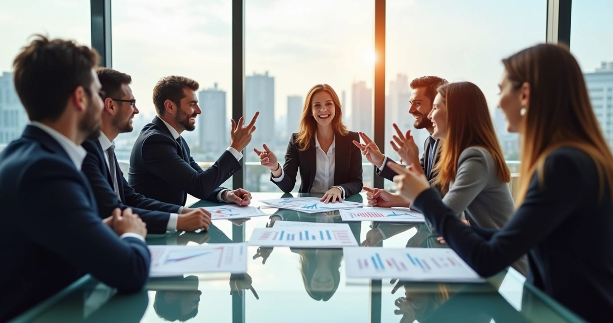 Profissionais celebrando resultado positivo em reuniões sobre canais de parceria 