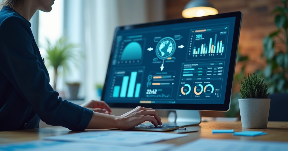 Tela de computador mostrando fluxos de automação digital e análise de dados por IA 