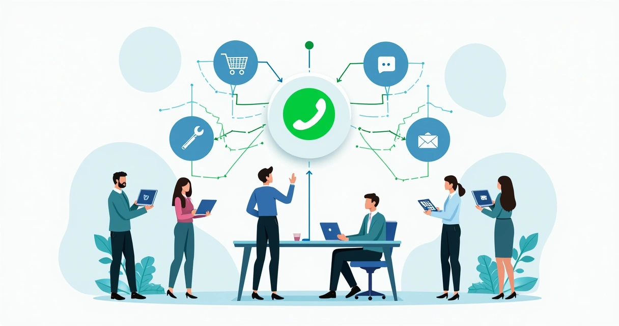 Painel mostrando diferentes setores como vendas, marketing e suporte integrados no WhatsApp 