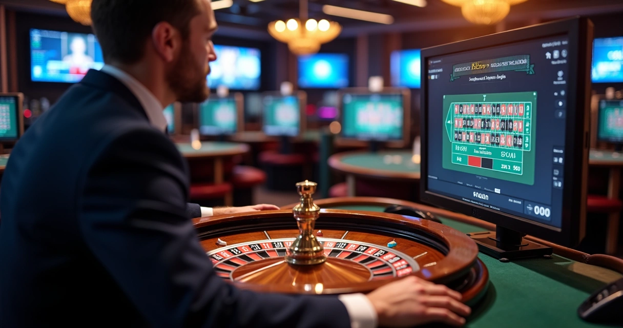 Crupiê rodando a roleta em transmissão ao vivo em cassino online. 