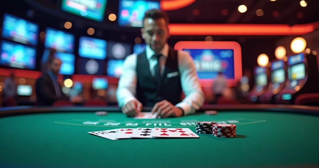 Mesa de cassino dividida ao meio com dealer ao vivo de um lado e jogos tradicionais de cartas do outro 