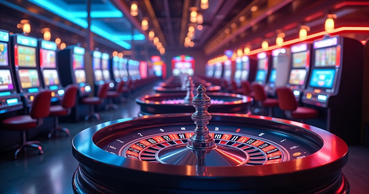 Painel digital de cassino exibindo caça-níqueis e roleta 