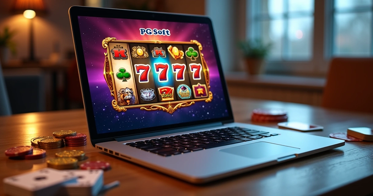 Slot online colorido aberto em um notebook moderno com moedas e cartas ao lado. 