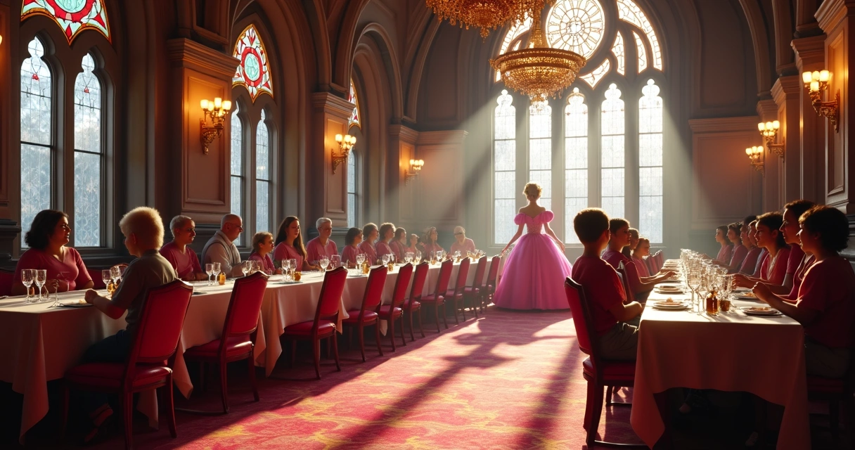 Salão do castelo da Cinderela com mesas decoradas e princesas Disney interagindo