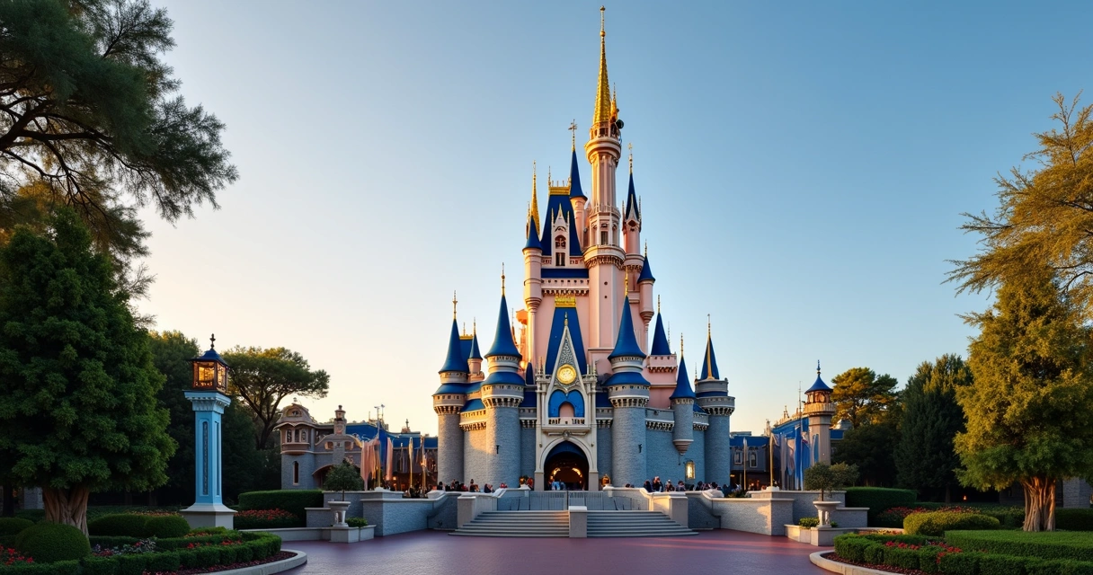 Castelo da Cinderela no Magic Kingdom com luzes douradas ao entardecer e céu azul nítido