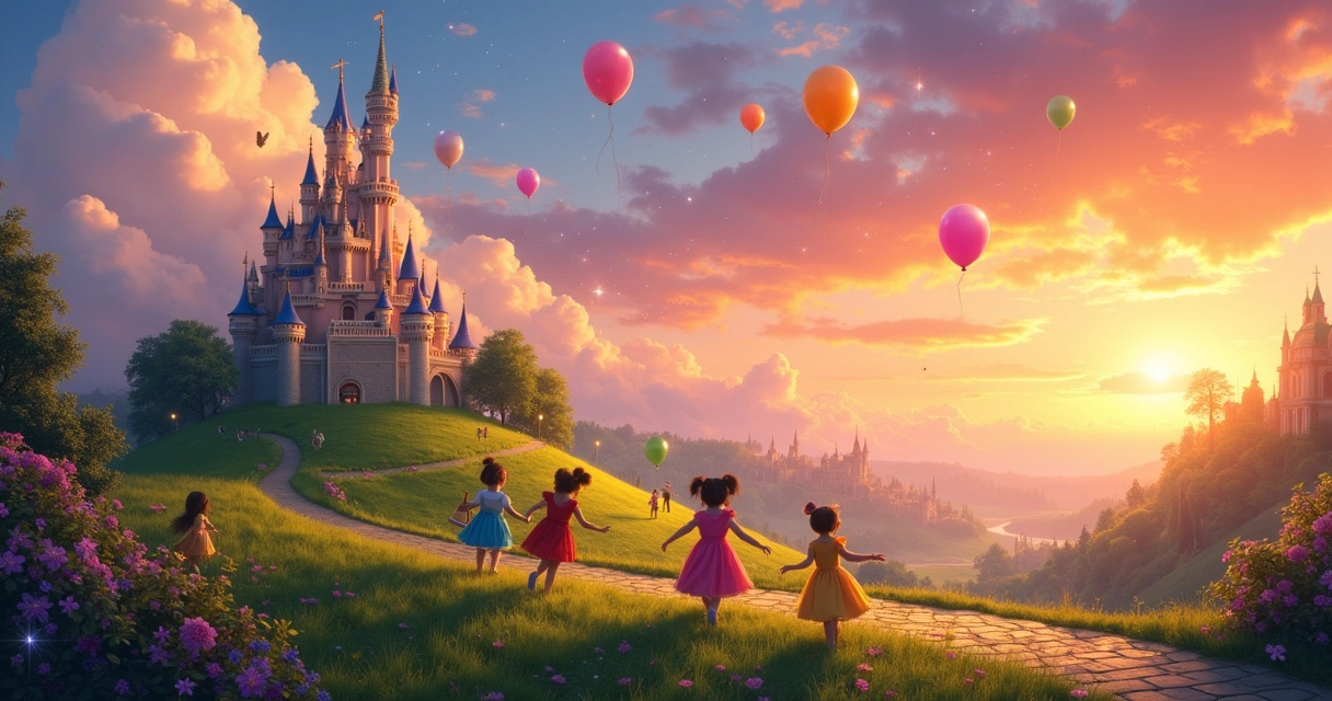 Castelo encantado da Disney com crianças felizes, balões coloridos e céu ao pôr do sol.