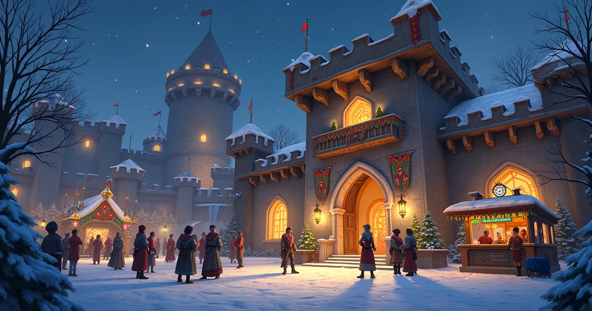 Vista festiva de um castelo iluminado no Tibia 