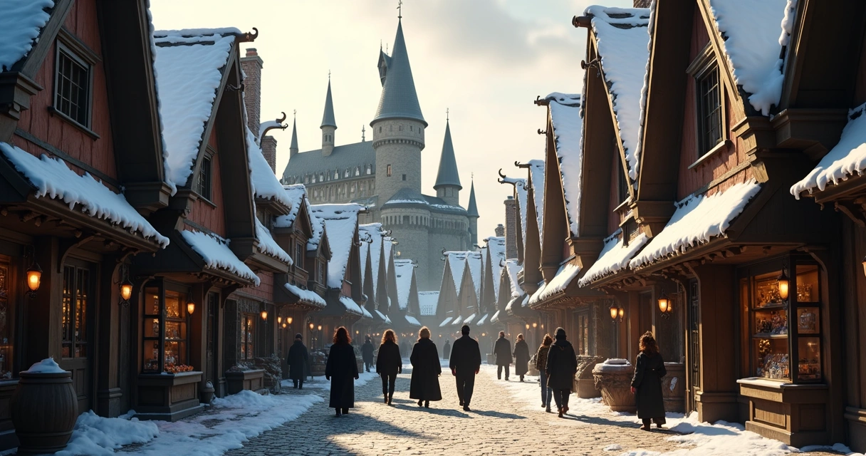 Detalhes do castelo de Hogwarts em Hogsmeade em dia ensolarado 