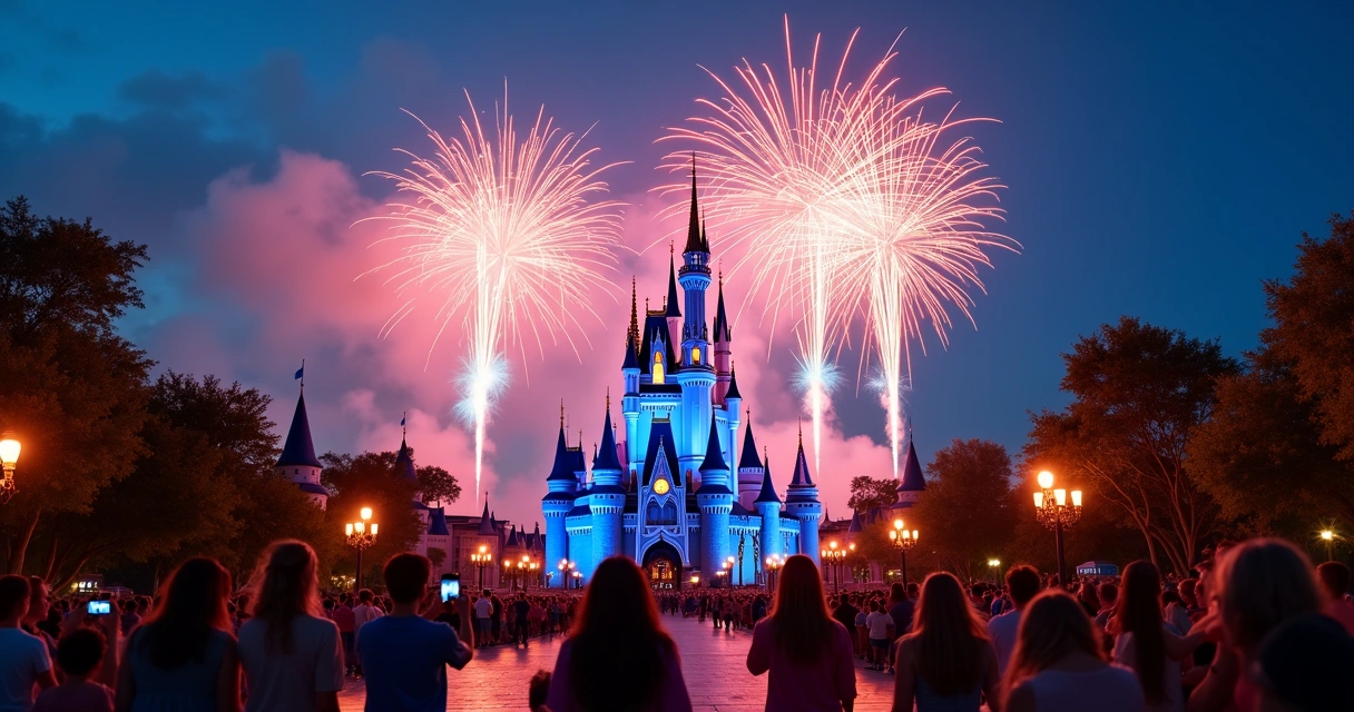 Castelo iluminado no parque Magic Kingdom à noite