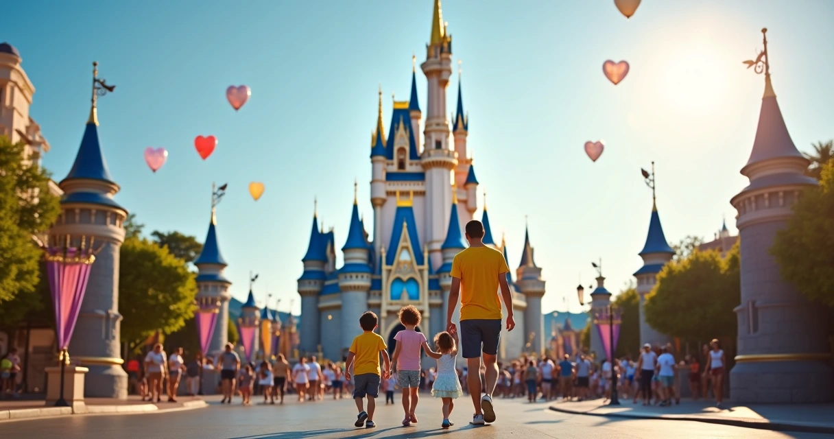 Família brasileira caminhando em frente ao castelo do Magic Kingdom 