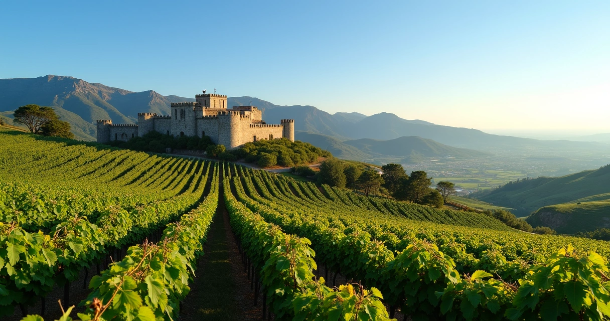 Vista panorâmica do Castelo de Palmela com vinhedos ao redor e serra da Arrábida ao fundo