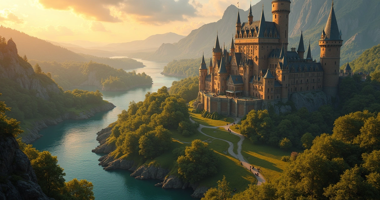 Vista aérea de un castillo mágico rodeado de bosque en un videojuego