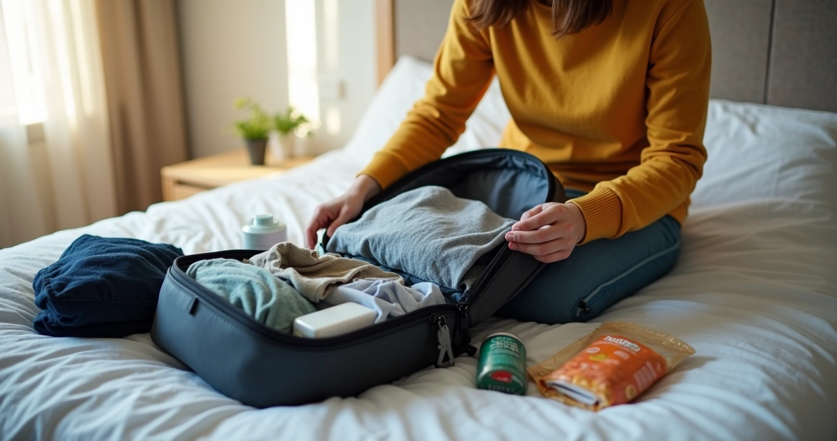 Person quickly packing basic items into a small travel backpack 