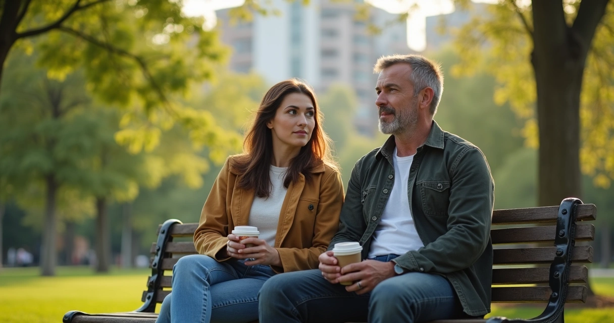 Two people talking on a bench in a park, one listening, one speaking