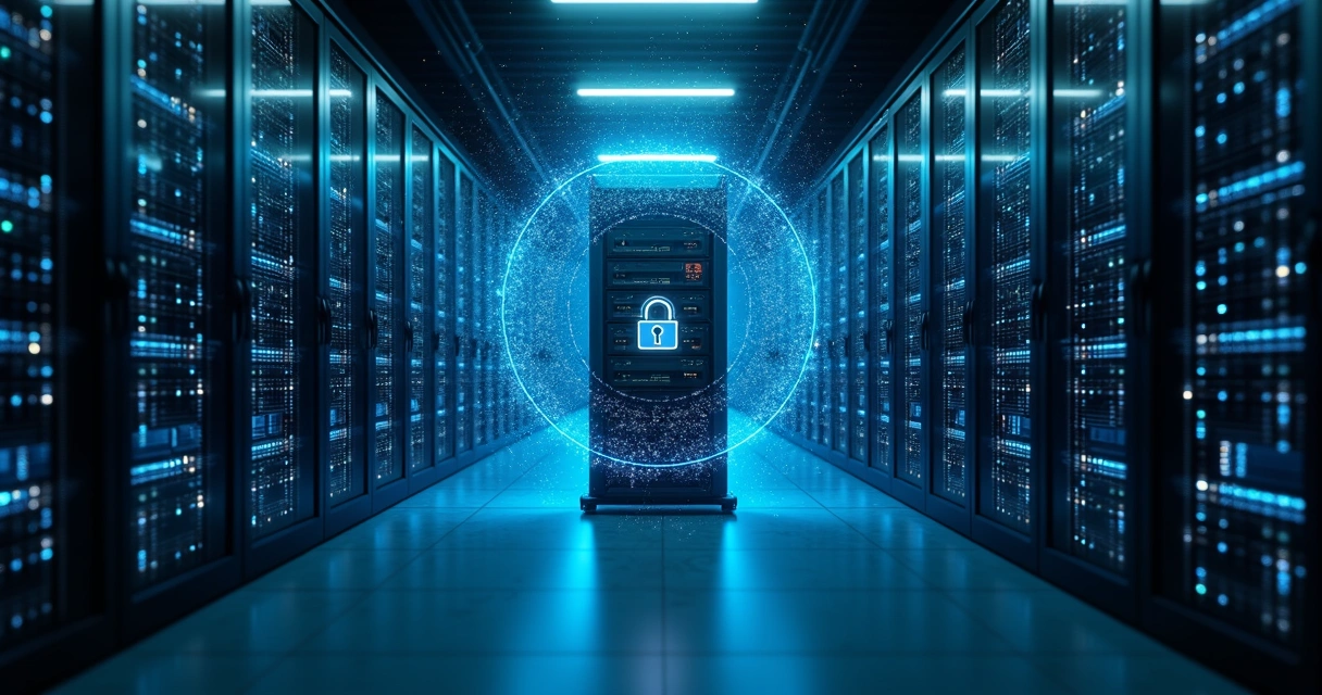 Servidor corporativo envolvido por casulo digital brilhante em ambiente escuro 