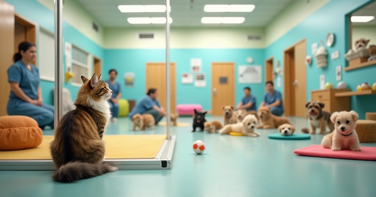 Cat watching calm dogs through a barrier at daycare