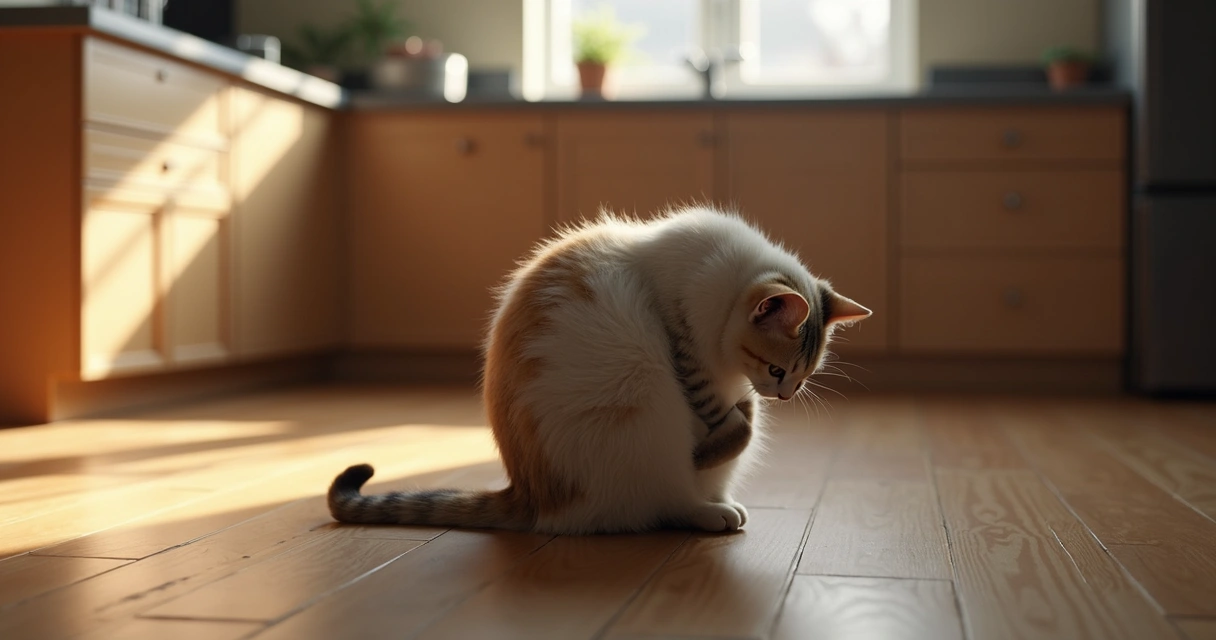 Cat with arched back showing abnormal grooming