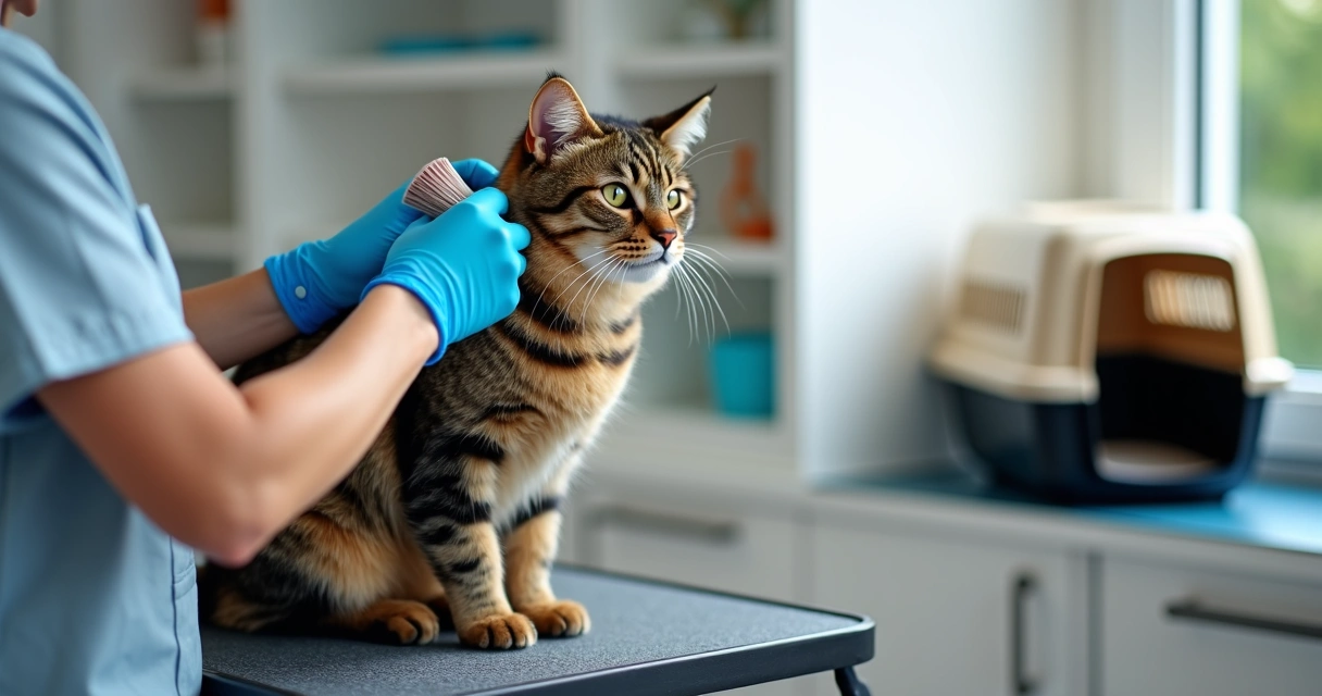 Calm cat being brushed by groomer in salon