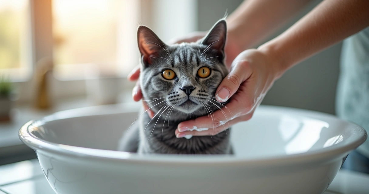 A gray cat sitting in a white sink being gently bathed with water and shampoo