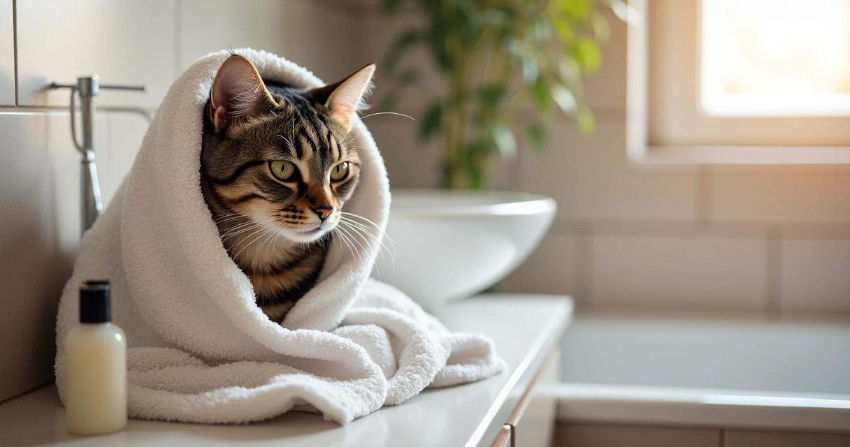 Calm cat wrapped in a towel after a bath
