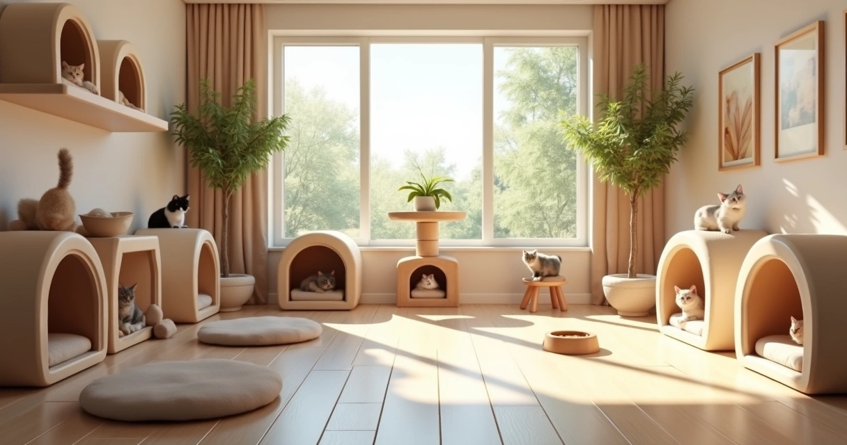 Large, quiet cat room with comfortable resting spots, toys, and window views. 