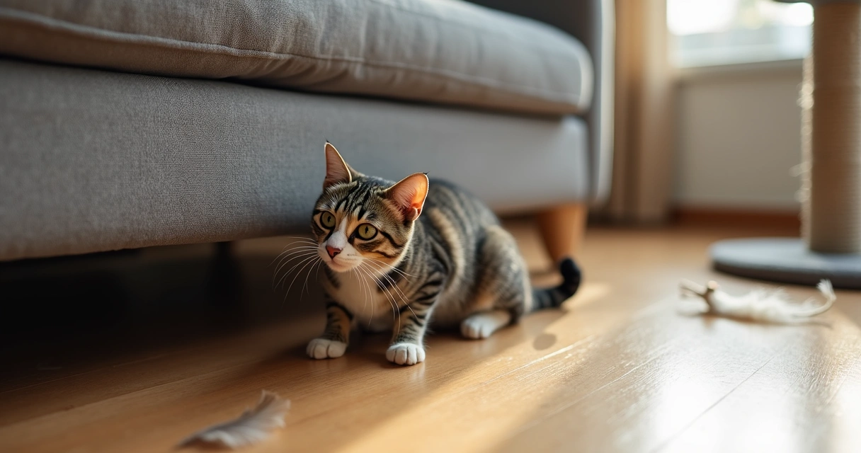 Cat crouching with pinned ears and dilated pupils