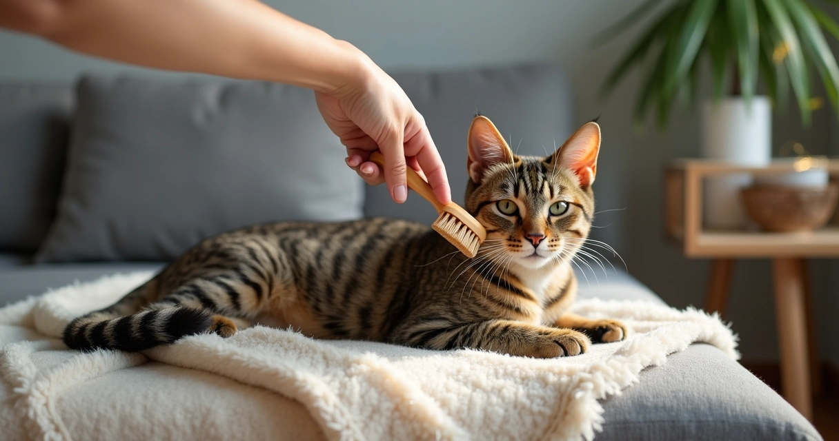 Owner brushing a short-haired tabby cat on a sofa