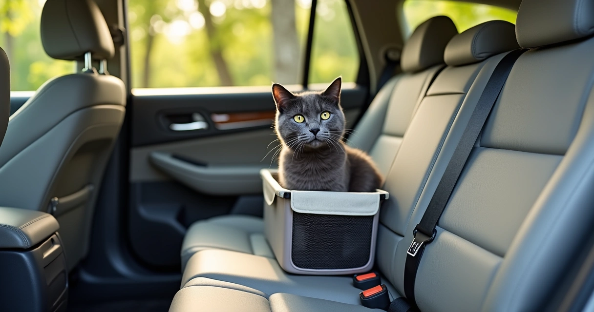 Cat in a carrier secured to a car seat 