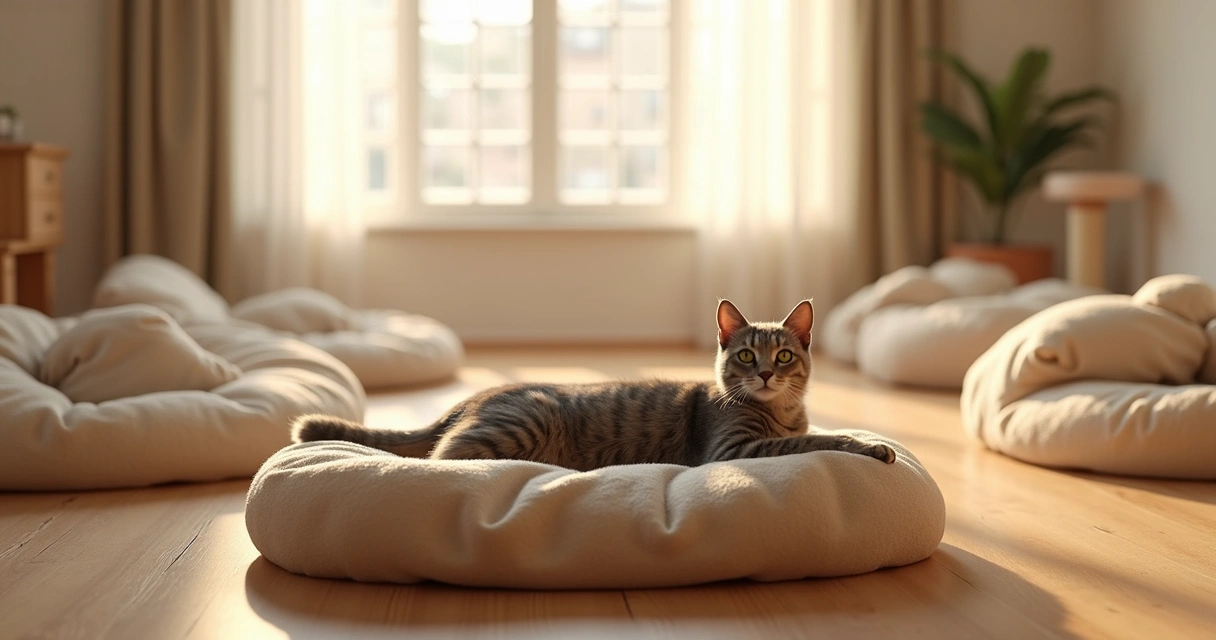 Calm cat resting on a soft cushion inside a spacious, clean, and well-lit boarding room with cozy blankets and natural light 