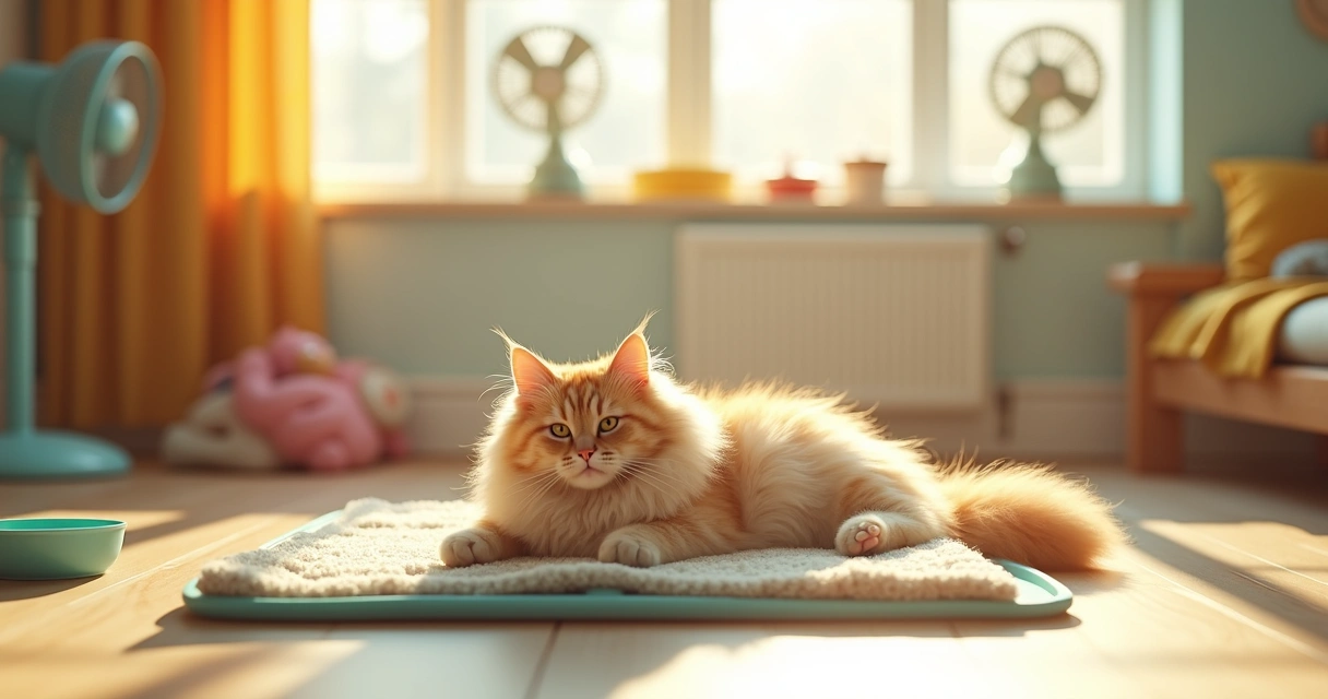 Cat relaxing on cooling mat in sunny room