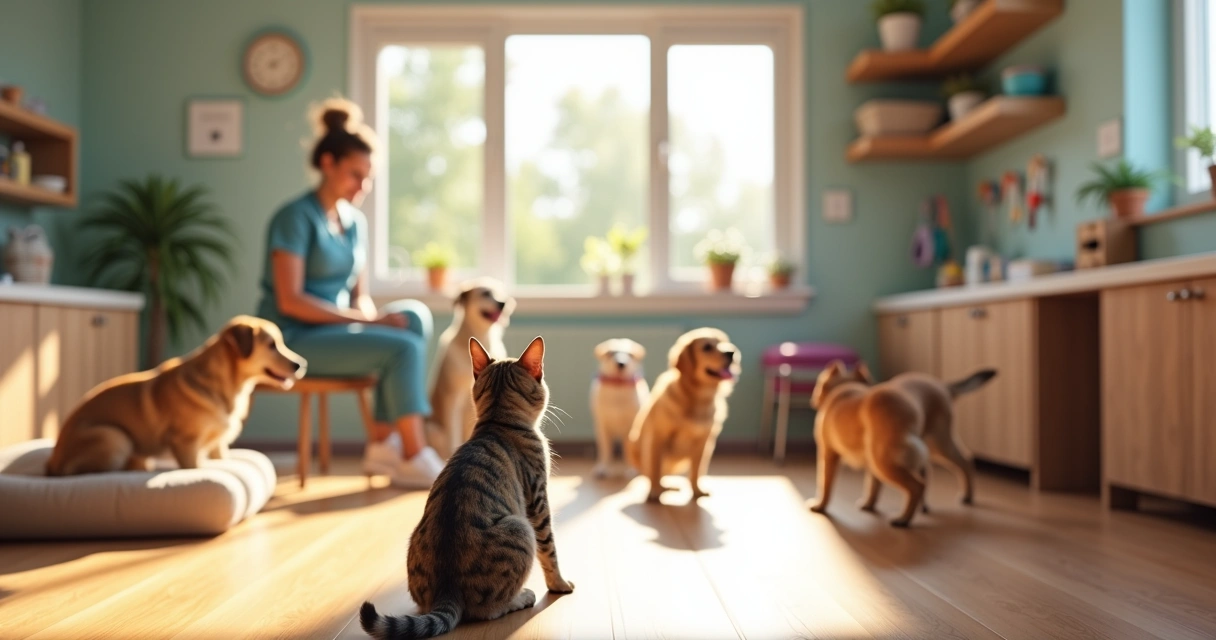 Curious cat observing calm dogs playing in a bright daycare room