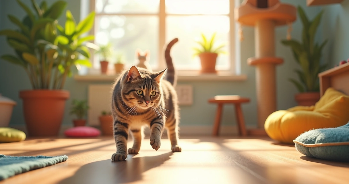 A curious cat in a colorful daycare facility with climbing structures and puzzle toys