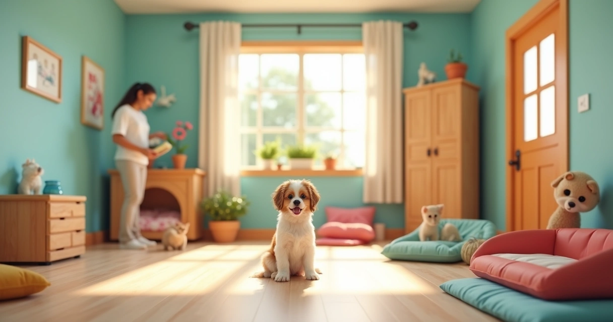 Dog and cat playing in daycare common area with handlers supervising