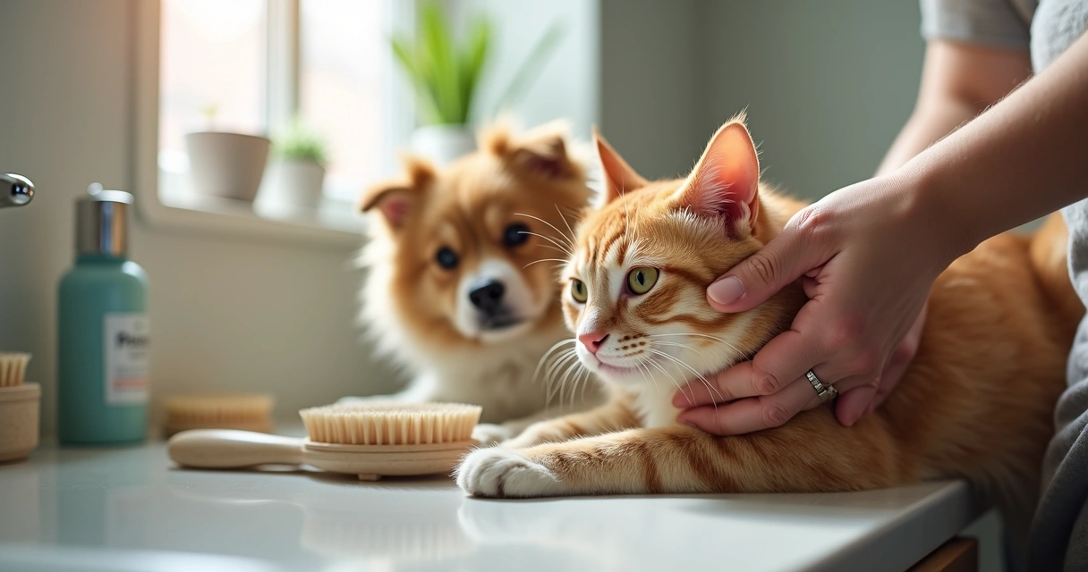 Brushing cat and dog for home allergen reduction
