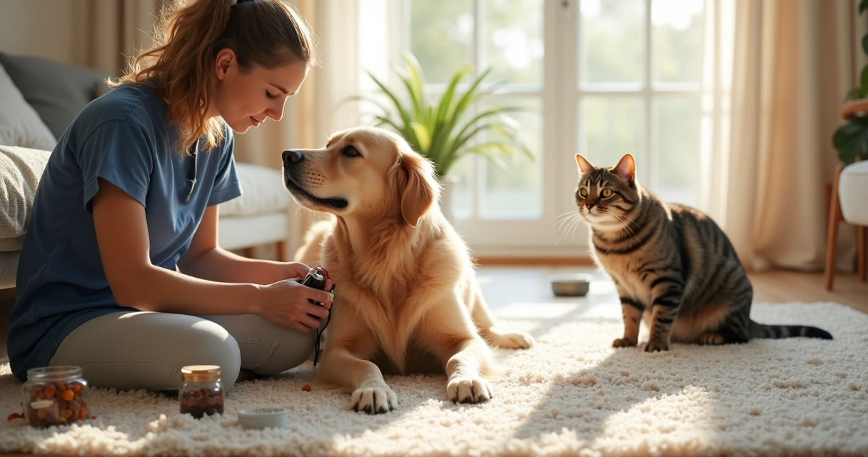 Cat and dog during a nail trimming session