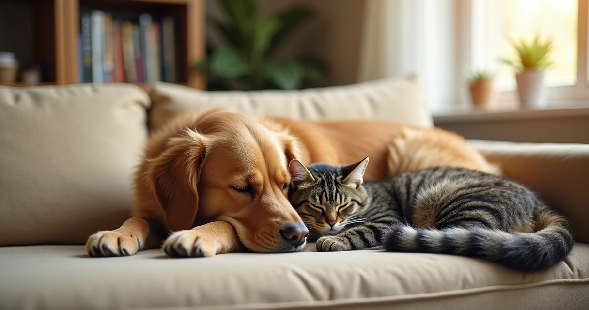 A cat and a dog resting peacefully together on a cozy couch, sunlight streaming onto their fur, tranquil home scene