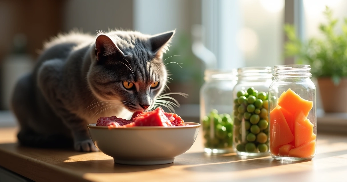 Grey cat eating healthy food from a bowl