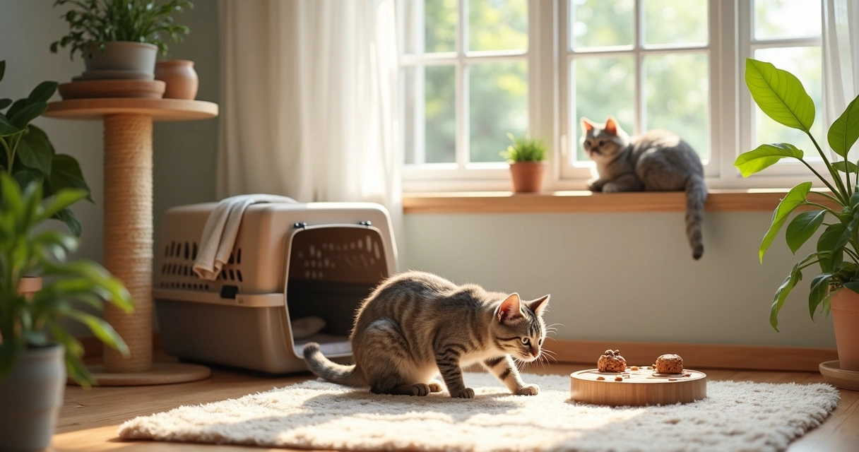 Cozy cat room with shelves and puzzle feeders 