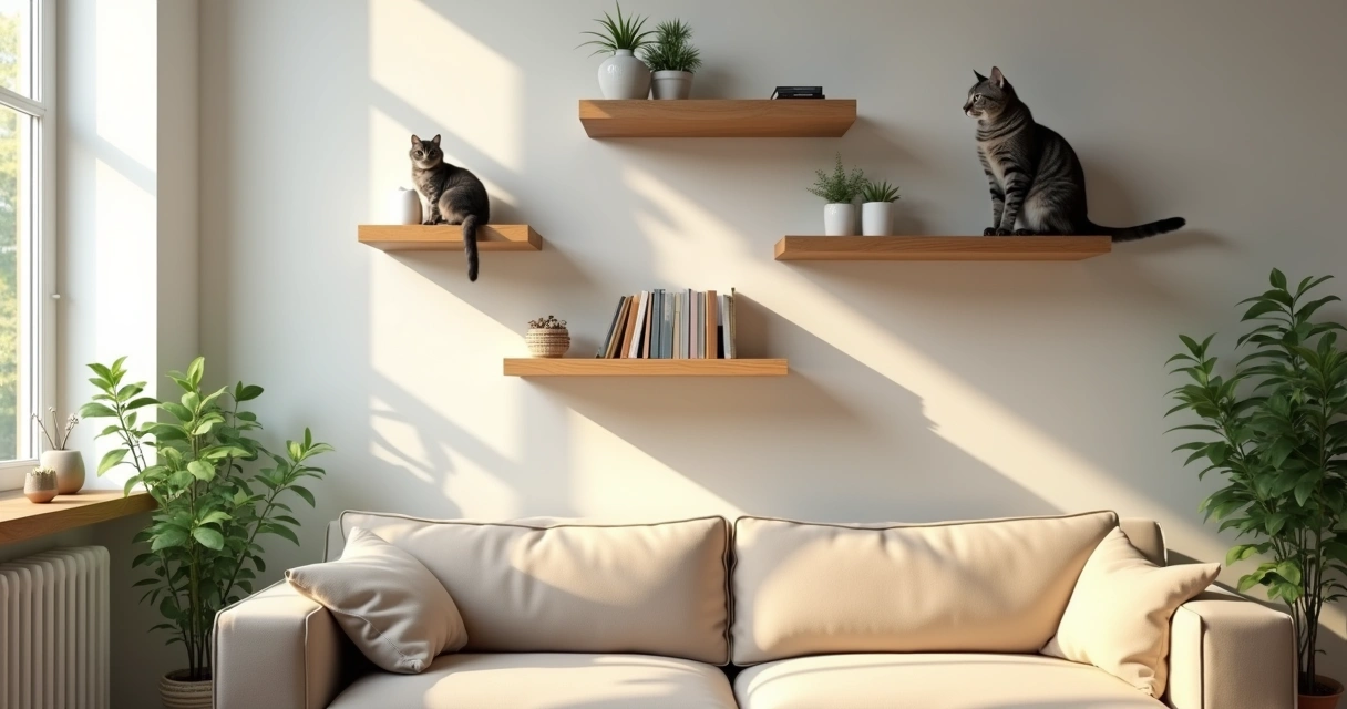 Gray tabby cat climbing on modern cat wall shelves above a sofa 