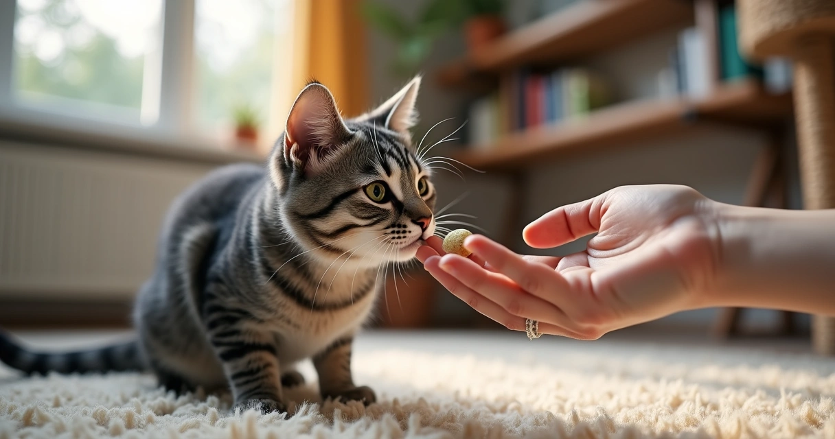 Cat accepting treat with hidden pill 