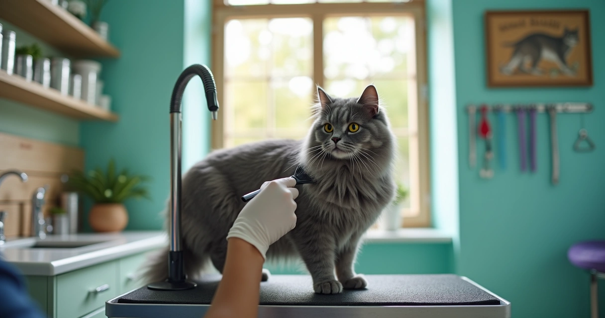 Cat groomer using gloves and brush with relaxed cat on table. 