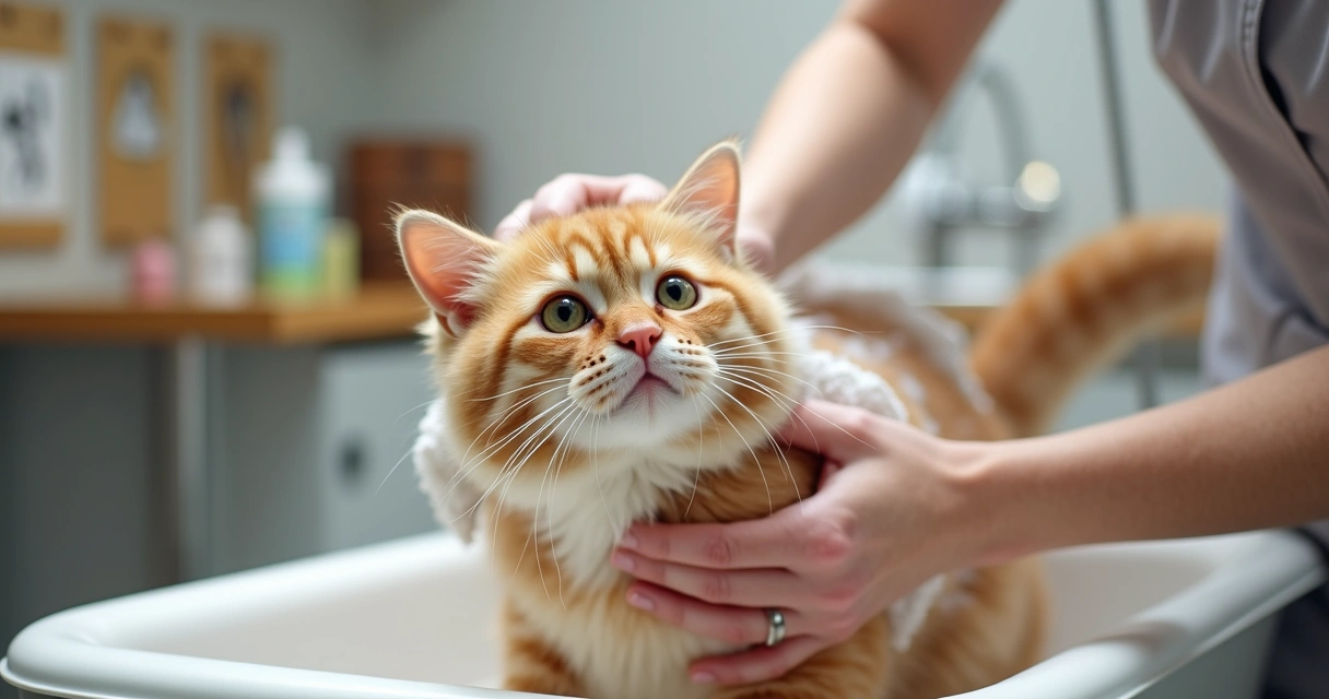 Cat being gently bathed and groomed by a professional 