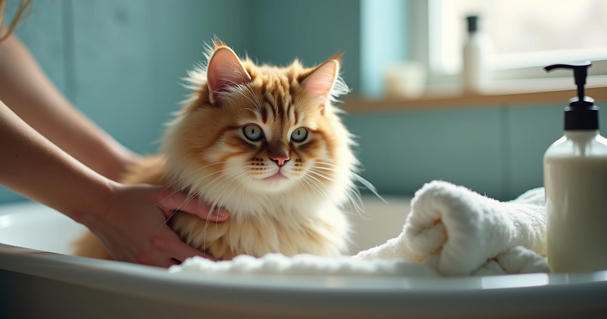 Owner gently bathing a fluffy cat in a small tub