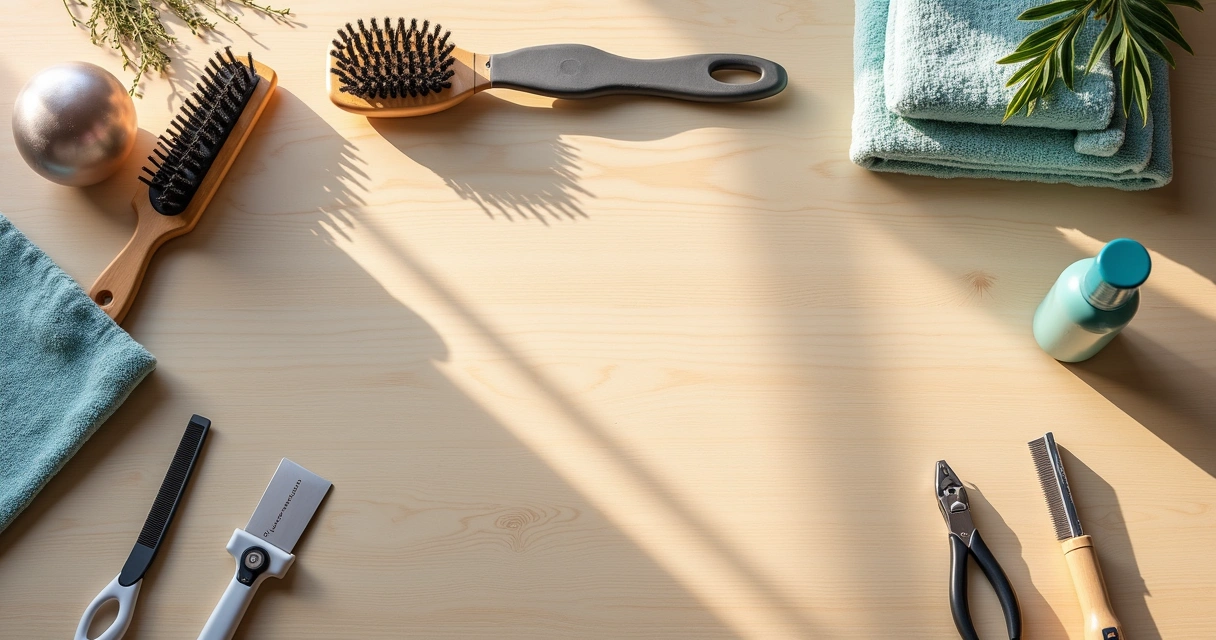 Assortment of cat grooming brushes and combs on a light wooden table