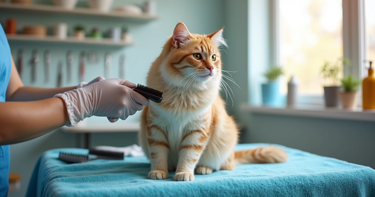 Cat calmly being groomed on a grooming table with professional groomer’s hands 