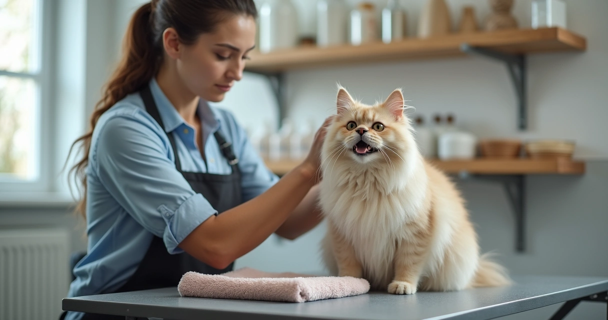 Cat being dried by a groomer at a grooming salon