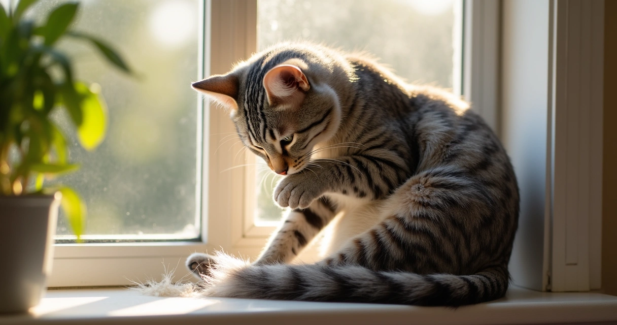 Gray tabby cat excessively grooming on a windowsill, tufts of fur scattered nearby 