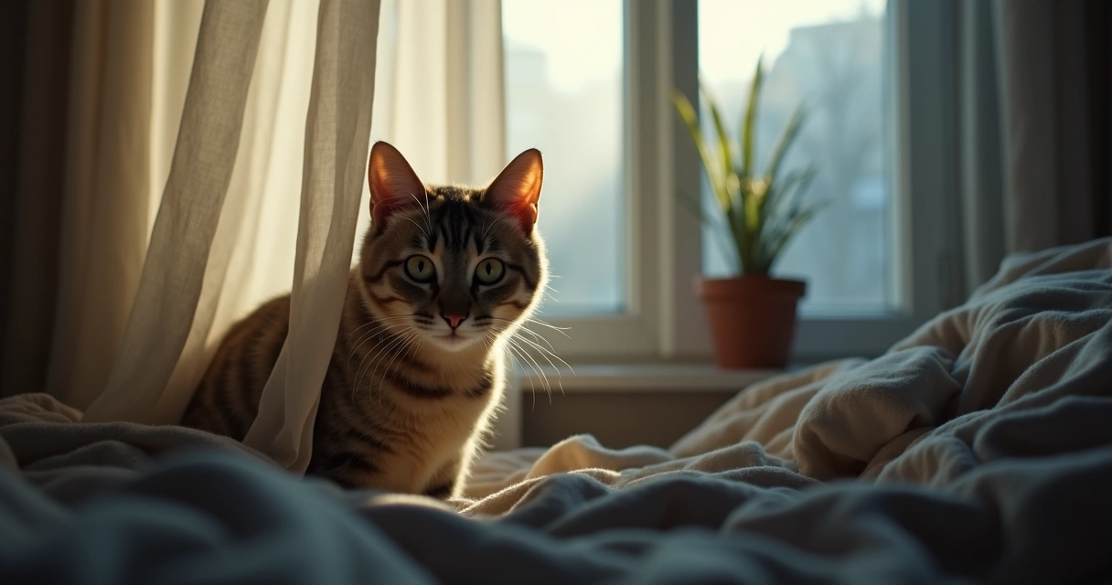 Cat partially hidden behind curtains in a cozy room corner